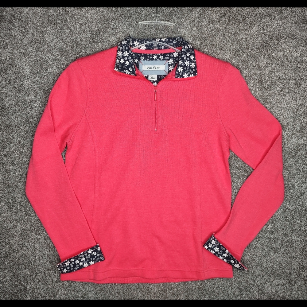 Orvis 1/4 Zip Sweatshirt Women's Small Ribbed Knit Floral Trim Sweater